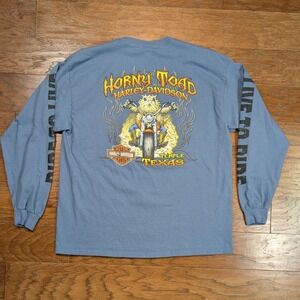 Harley Davidson Horny Toad Temple Texas Long Sleeve T-Shirt Blue XL 23x28 2-side